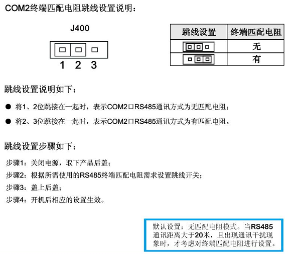 COM2终端匹配电阻跳线设置说明